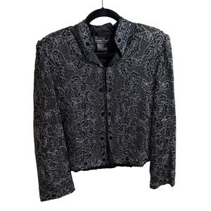 Vintage‎ Laurence Kazar Silk Black Silver Beaded Sequin Jacket Womens Sz L Artsy